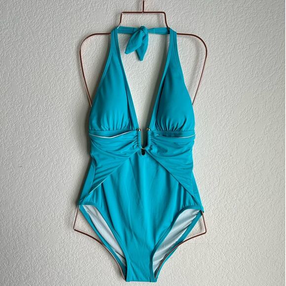 NWT Vince Camuto Swimsuit Halter Plunge Deep V One Piece Aqua Green Size 10 - Picture 2 of 11